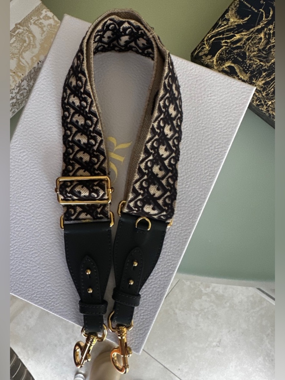 Navy & Cream/ Ivory Jacquard and Leather Monogram Replacement Strap - Full Set - Picture 6 of 7